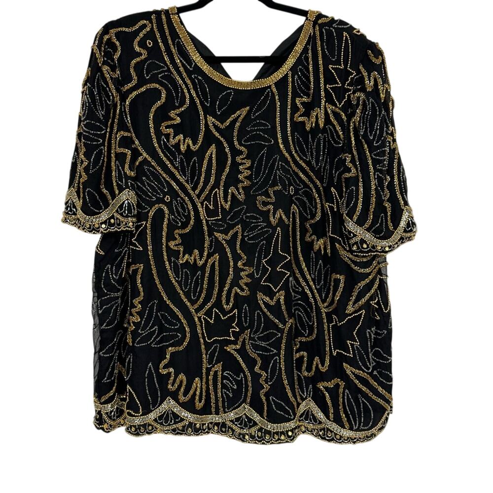 Vintage Black Silk Fully Beaded Formal Blouse Womens 2X Gold & Silver Glam - Picture 1 of 12